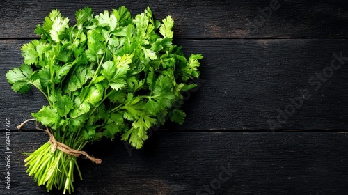 Top-down view of fresh coriander bunch arranged on black wooden table