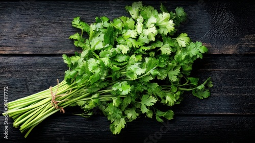 Top-down view of fresh coriander bunch arranged on black wooden table