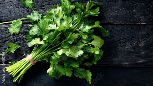 Top-down view of fresh coriander bunch arranged on black wooden table