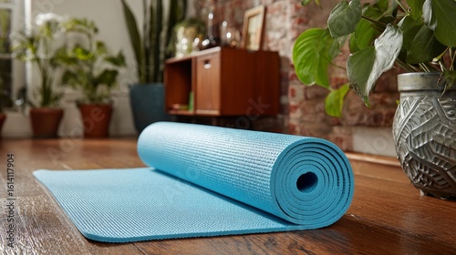 Unrolled sky-blue yoga mat placed on the floor in a home setting