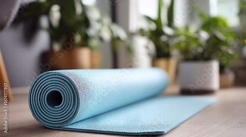 Unrolled sky-blue yoga mat placed on the floor in a home setting