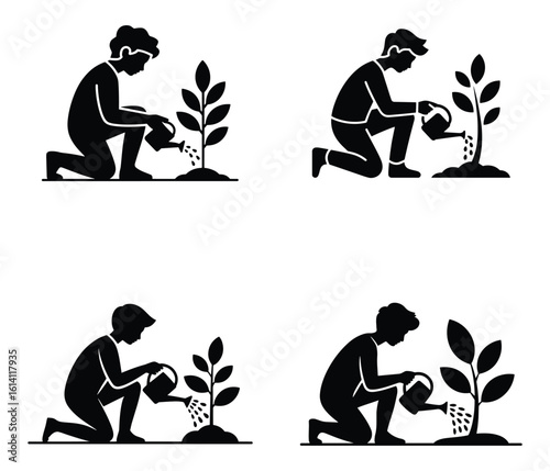 Silhouetted Person Watering a Newly Planted Tree in Four Different Styles