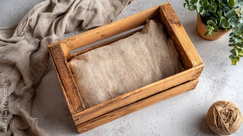 Wooden crate filled with packing material shown from top view on light backdrop