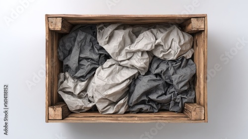Wooden crate filled with packing material shown from top view on light backdrop