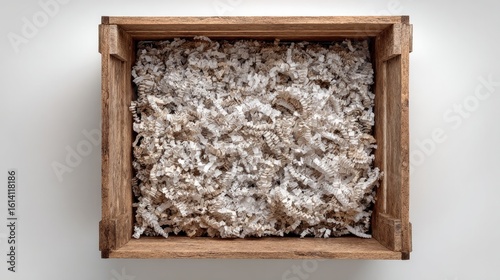 Wooden crate filled with packing material shown from top view on light backdrop