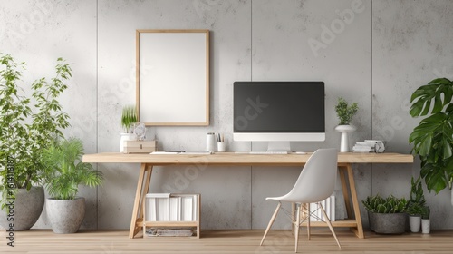 Workstation setup with desktop computer in a modern interior, leaving space for text