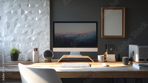 Workstation setup with desktop computer in a modern interior, leaving space for text