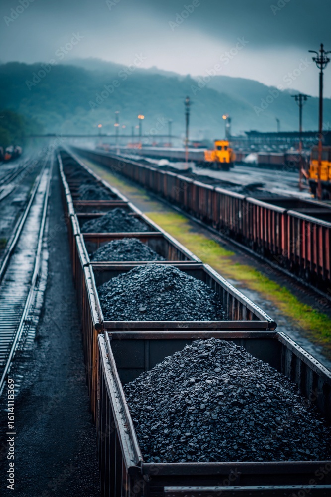 Fototapeta premium Rain-soaked freight cars are filled with coal, waiting in a train yard surrounded by misty mountains in the background during the early evening hours