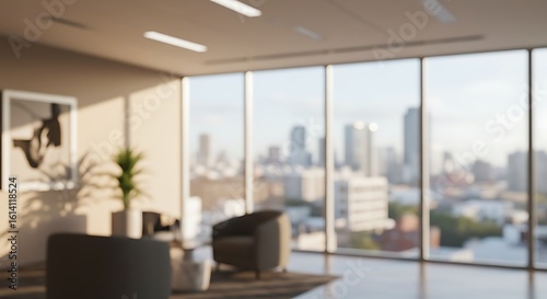 Blurred modern office interior with large windows and bright daylight. Abstract business background concept.