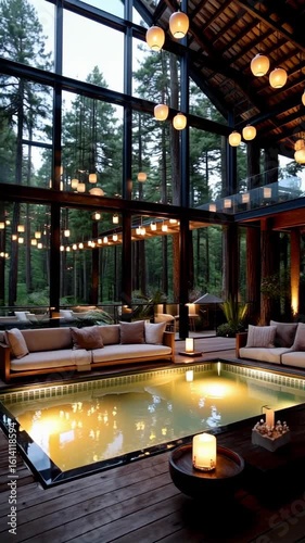 Cozy interior of a cabin with a pool and forest view at night  