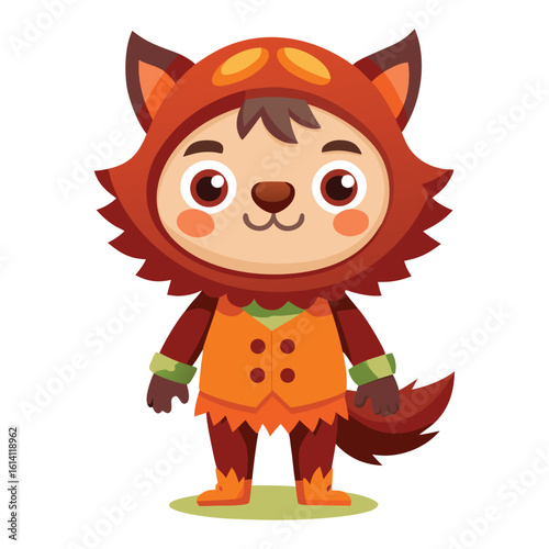Cute cartoon halloween kid character wearing werewolf costume. Watercolor style. Halloween and holiday. Cartoon festive illustration