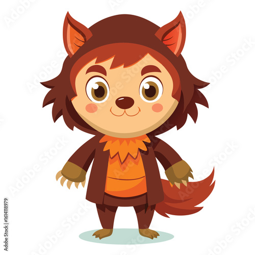 Cute cartoon halloween kid character wearing werewolf costume. Watercolor style. Halloween and holiday. Cartoon festive illustration