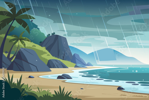 Beach Scene In Heavy Rain With Gentle Mist