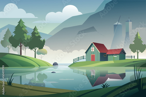 Farm Scene In Dense Fog With Reflective Water