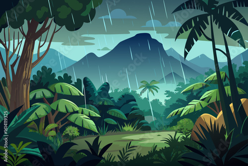 Jungle Scene In Heavy Rain With Distant Hills