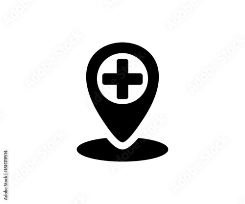 Medical facility pointer icon. Black medical cross symbol inside a location pin marker icon. Medical location for search health clinic vector design and illustration.

