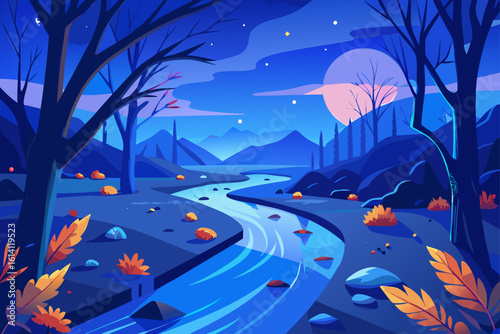 Stream Scene In The Blue Hour With Fallen Leaves