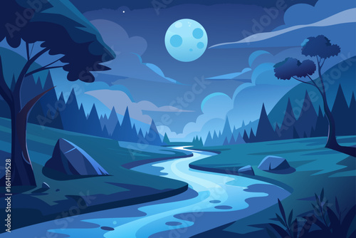 Stream Scene Under Moonlight With Shadow Patterns