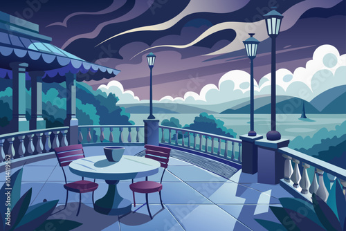 Terrace Scene Under Stormy Skies With Gentle Mist