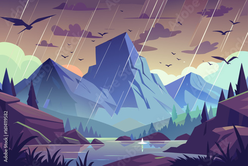 Valley Scene In Heavy Rain With Birds Flying Above