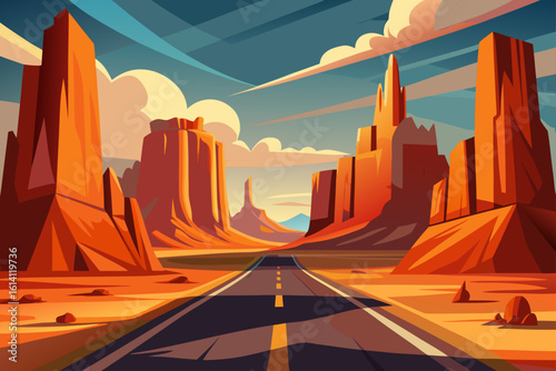 Desert Road Running Between Tall Sandstone Formations
