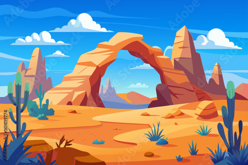 Desert Scene With Rock Arches Dry Bushes And Distant Mesas