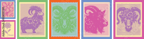  Set of colorful grunge goat head banners with floral hair dot halftone canvas template vector art