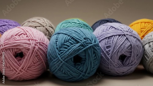 Close up shot of several colorful yarn balls arranged on a neutral surface indoors