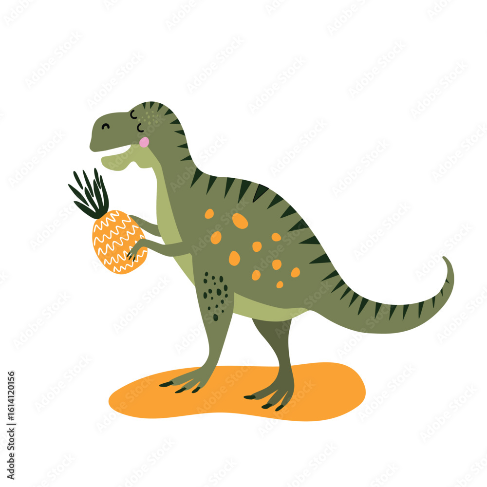 Naklejka premium Cute cartoon green dinosaur t-rex holds pineapple, vector illustration for children's design.