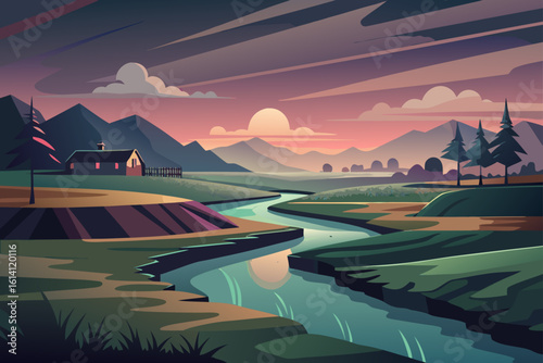 Quiet Farmland In Overcast Glow With Water Channels