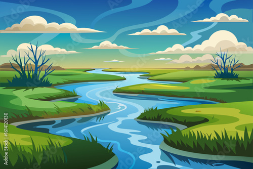River Delta With Branching Channels And Grassy Marshes