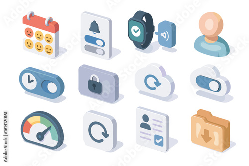 Isometric icons: calendar, cloud, watch, speedometer, profile, folder, lock