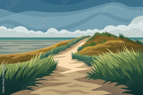 Shoreline Path Between Grassy Dunes Under Overcast Sky