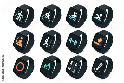 Smartwatch fitness icons displaying various exercise and activity modes