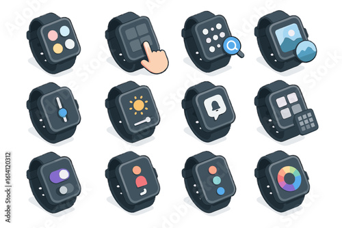 Smartwatch interface icons set featuring various app functions