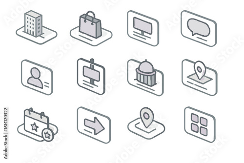 Minimalist line icons of office, shopping, communication, and navigation themes