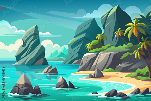 Tropical Coastline With Large Abstract Rock Formations