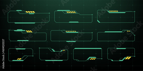 Set of green and yellow heads up display elements with grid background. Futuristic user interface frame for dashboard or game.