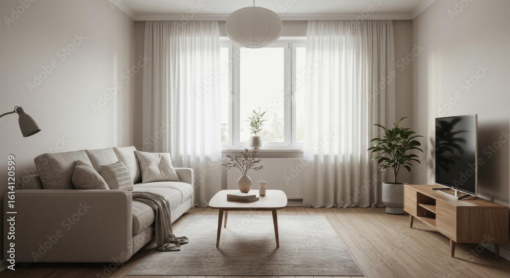 Fototapeta premium Serene Living Room Interior with Natural Light and Minimalist Decor