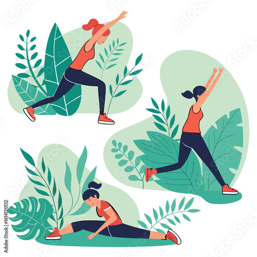 Woman doing fitness workout and stretching exercises for health and wellness routine illustration vector