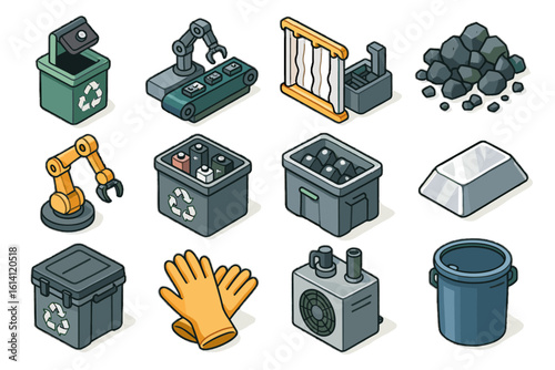 Industrial recycling icons: robots, bins, conveyor belts, gloves, metal, coal