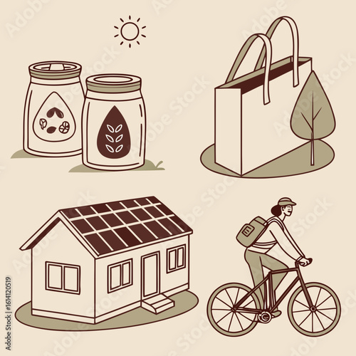 Eco friendly lifestyle illustration featuring sustainable living practices and renewable energy solutions ideas