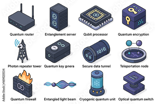 Illustrated icons of quantum computing devices and concepts
