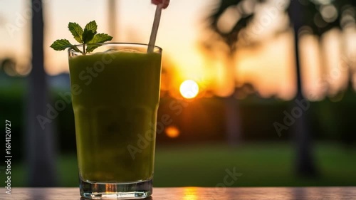 Green smoothie in a glass with a straw and mint garnish at sunset outdoors view