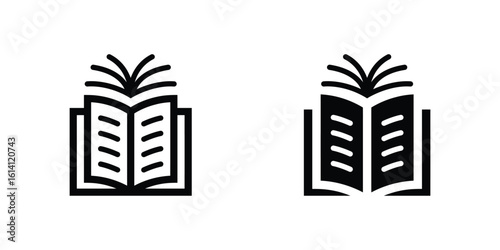 Open Book Icon with Rays, Black and Outline of Light Emerging, Vector.