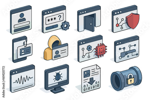 Isometric icons of security and technology elements in digital interface