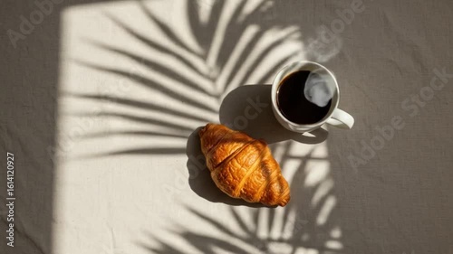 Overhead shot of a croissant and coffee with milk under palm leaf shadows on table