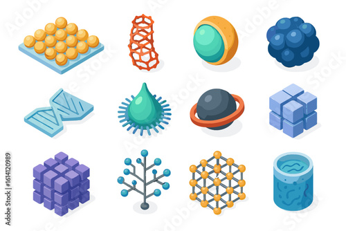 Colorful 3d scientific icons including dna, molecules, and atom models