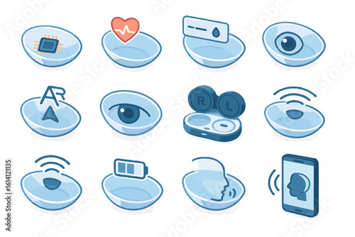 Smart contact lenses with technology icons for health and communication