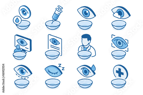Eye care icons featuring eye drops and lenses in blue theme